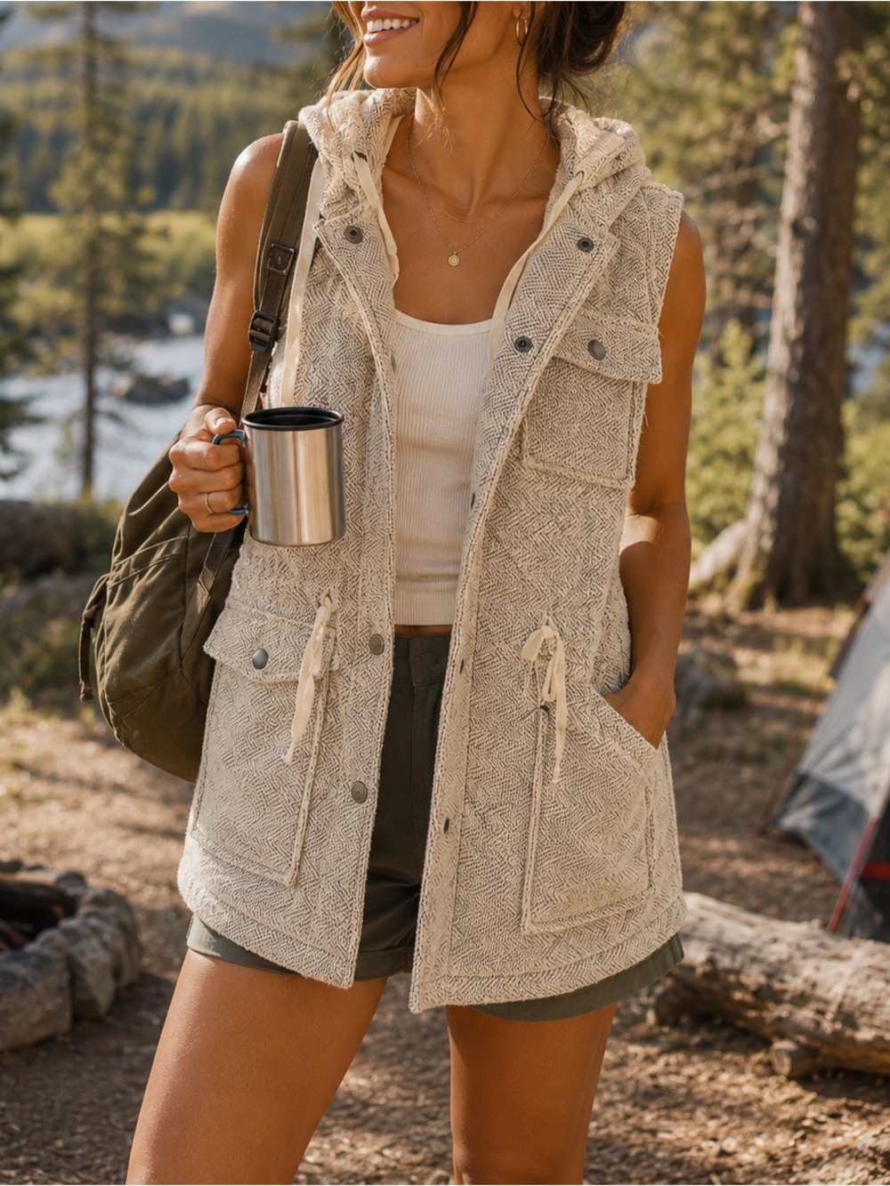 Jack by BB Dakota Hooded Utility Vest Beige Grey Size M Outdoor Boho